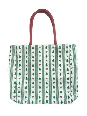 Festive Green & Red Patterned Tote Bag Women's Holiday Market Shopper Cotton